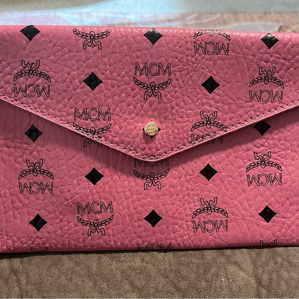 MCM Pink Textured Clutch with Logo Pattern